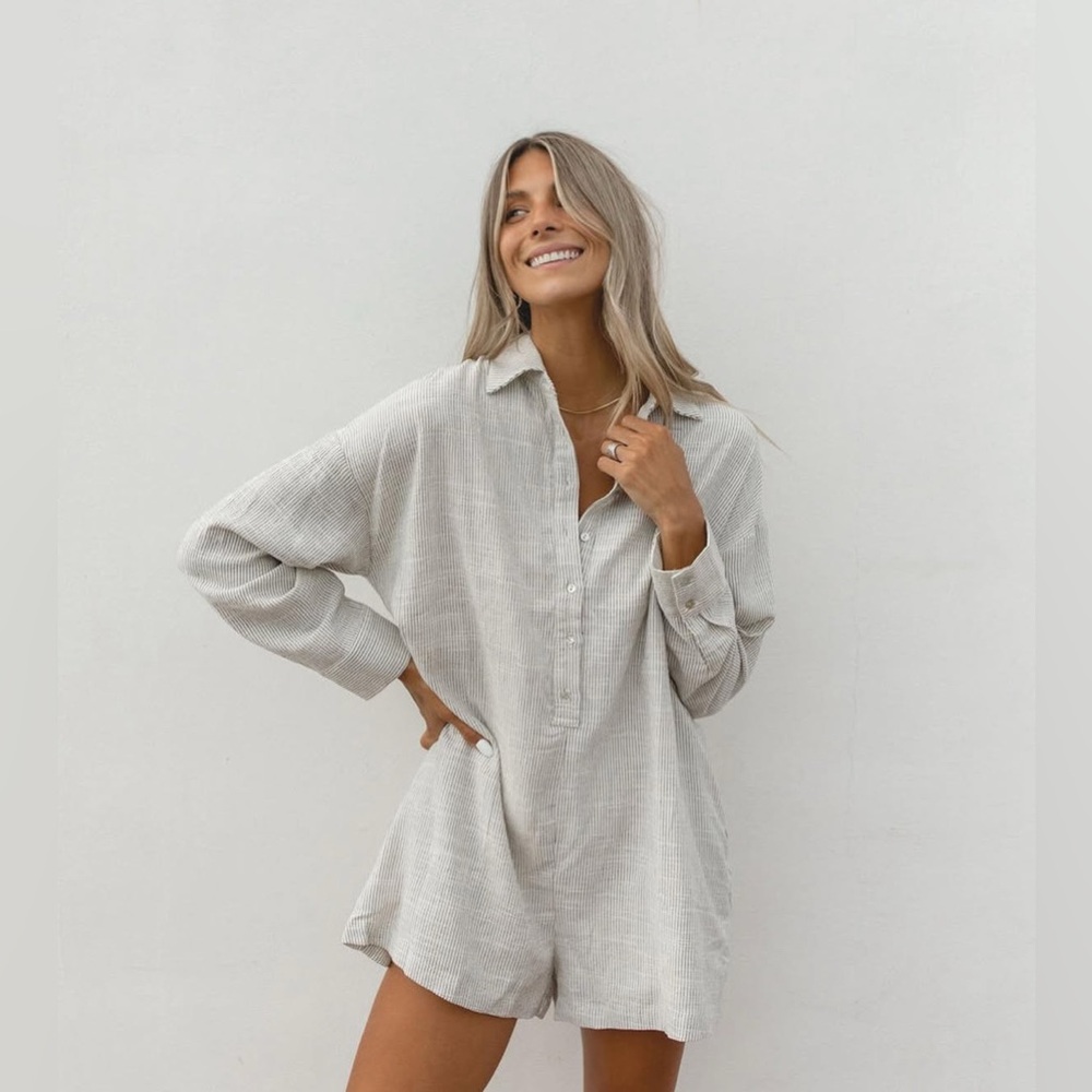 SOLAÍ the label - Coastal Button Down Romper Linen Stripe